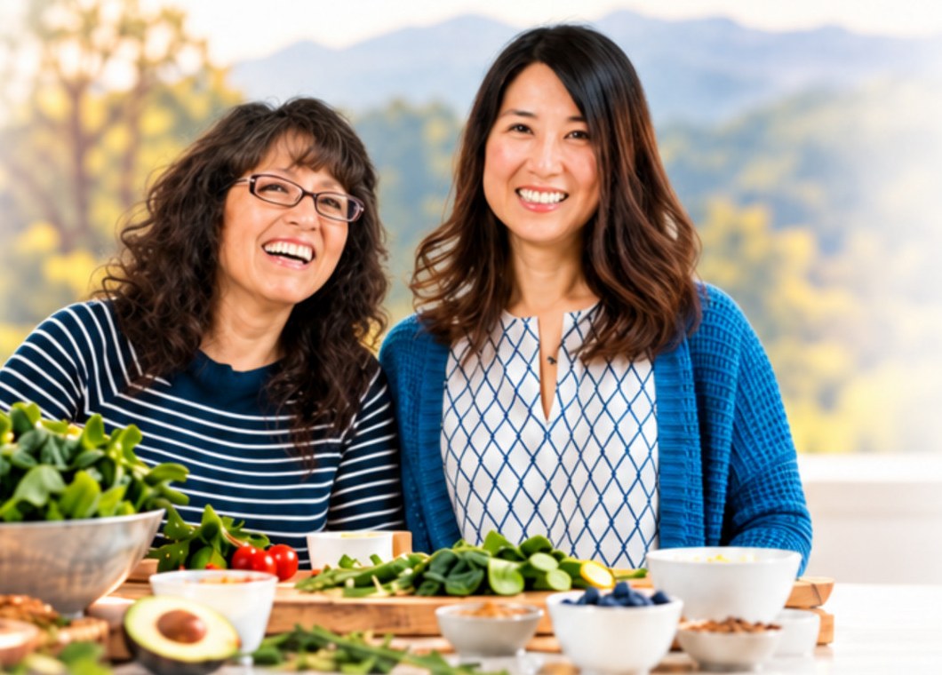 Workshop presenters Mercy Ballard, RN, and Dr. Joyce Choe, MD, at a table of fresh plant-based foods